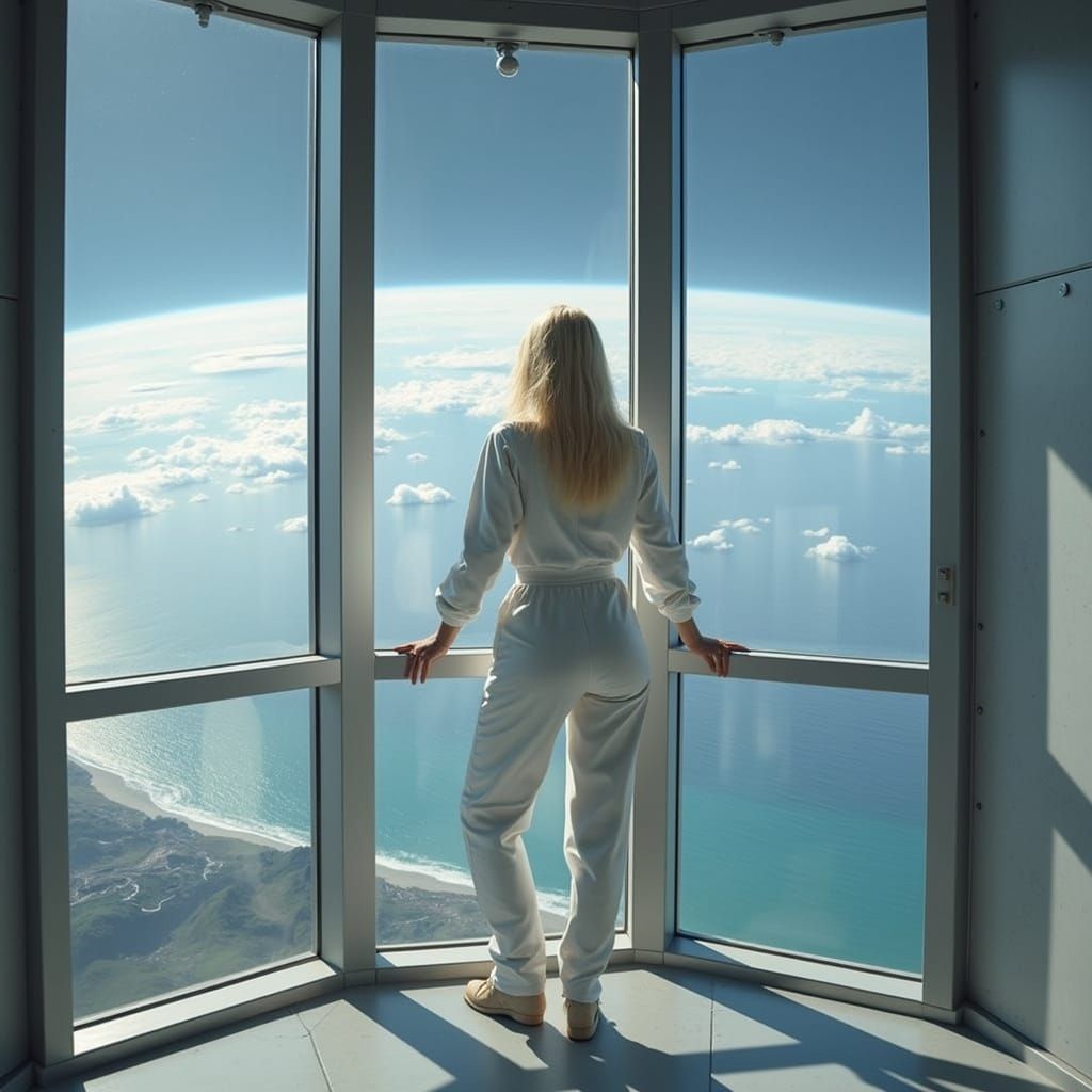 Futuristic Woman Gazing at Earth in Digital Art Style