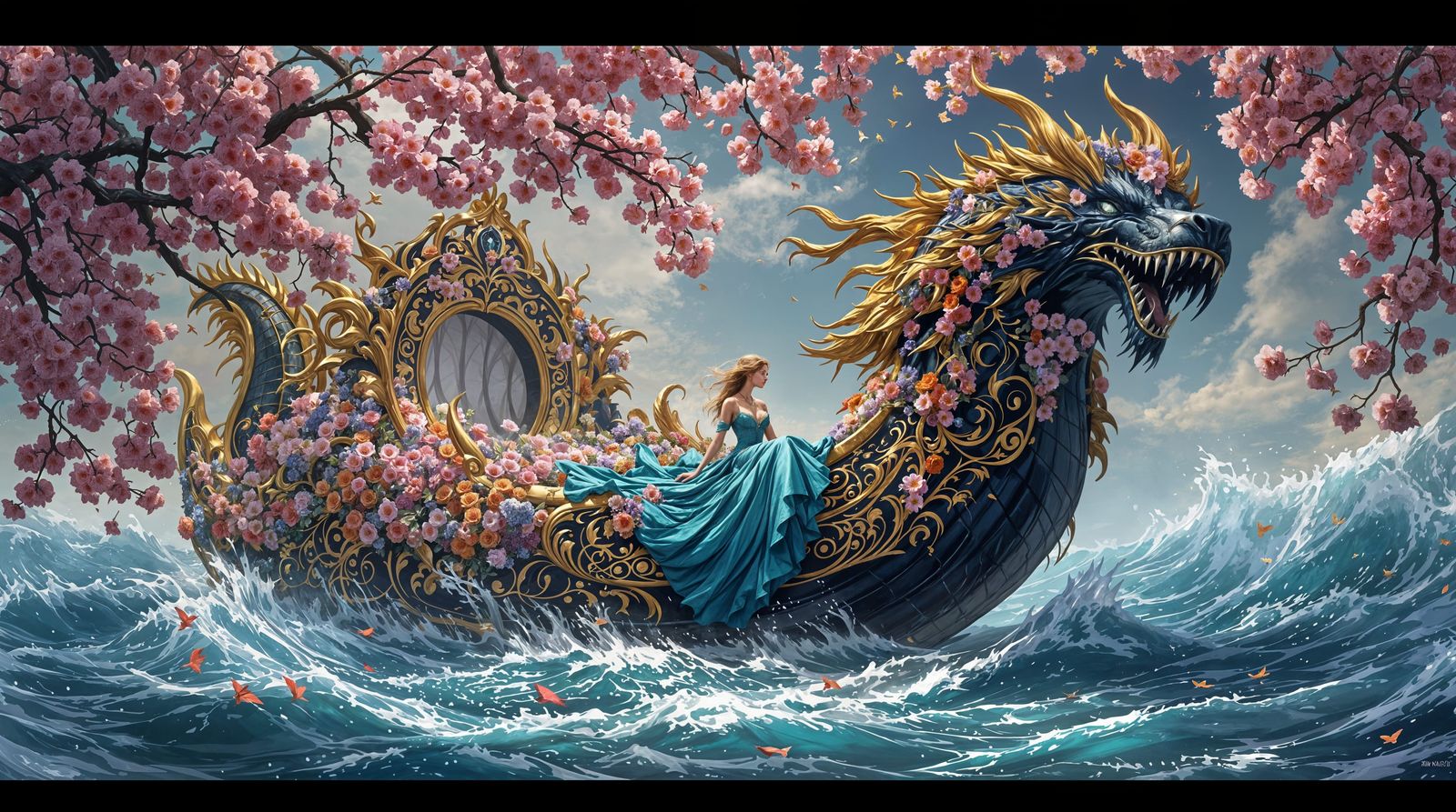 Whimsical Fantasy Boat Adorned with Blooming Flowers and Myt...