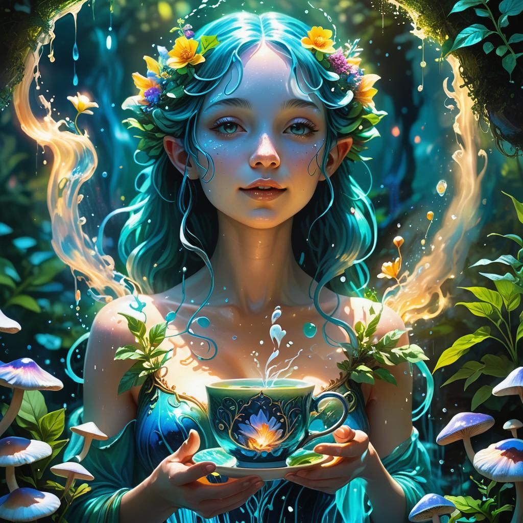 Water Nymph Surrounded by Vibrant Floral Bloom