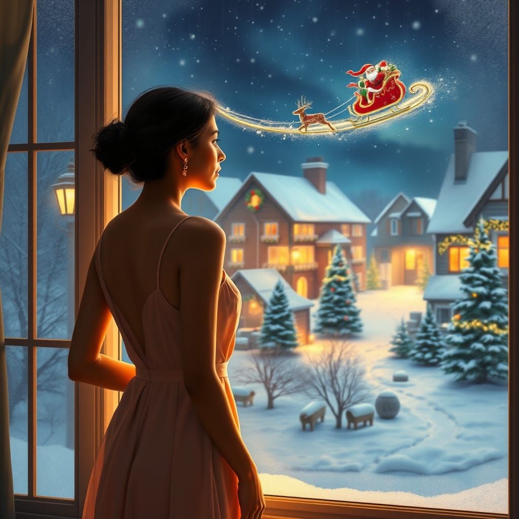 Serene East-Indian Woman Admires Magical Christmas Scene in....