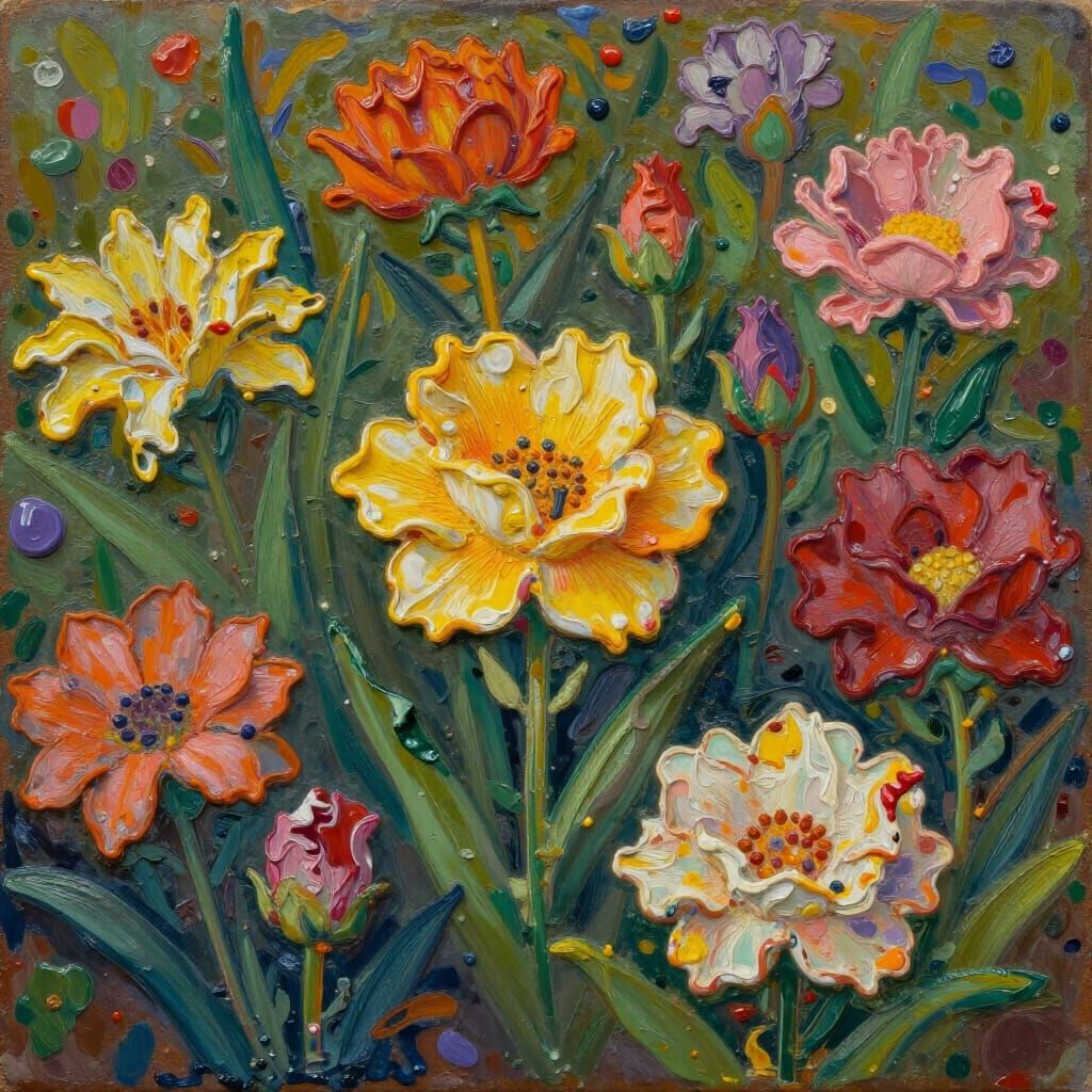 Vibrant Hot Wax Painting of Blooming Flower Garden