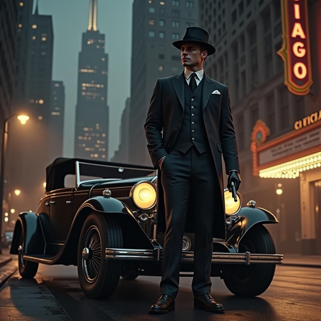 John Dillinger with Tommy Gun in Chicago, Film Noir