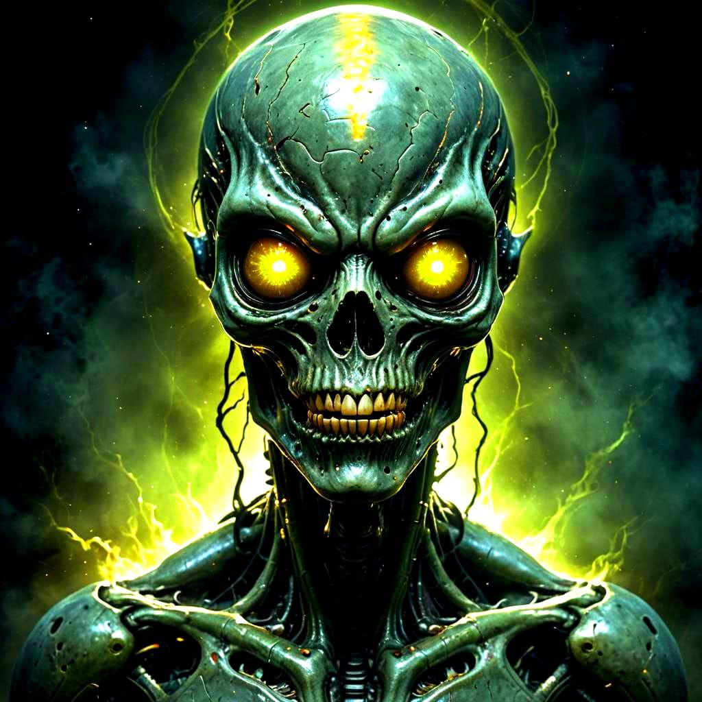 Creepy Alien Skull Face with Glowing Eyes