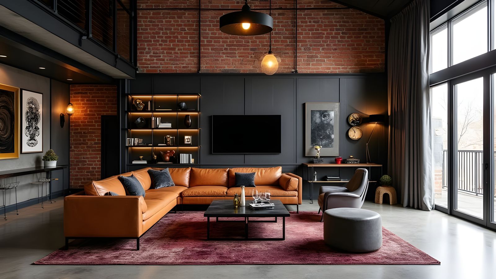 Luxurious Industrial Living Room with Exposed Brick and High...