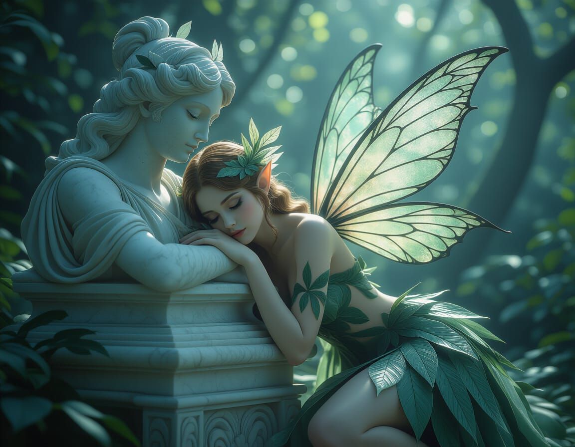 Fairy Rests on Marble Statue in Enchanted Forest