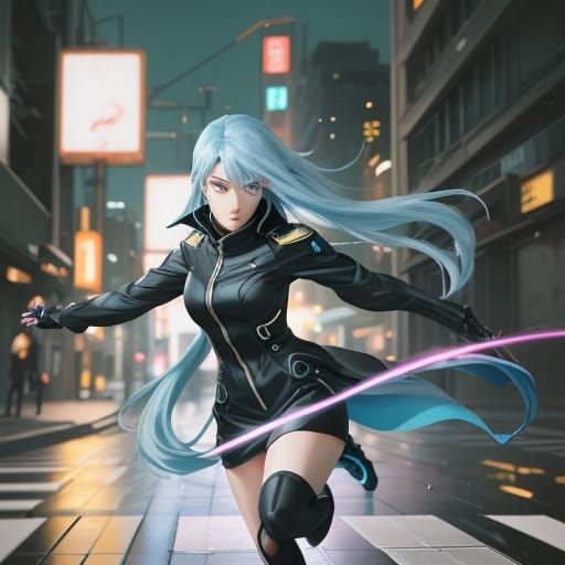 Heroic Anime Girl in Futuristic Cityscape