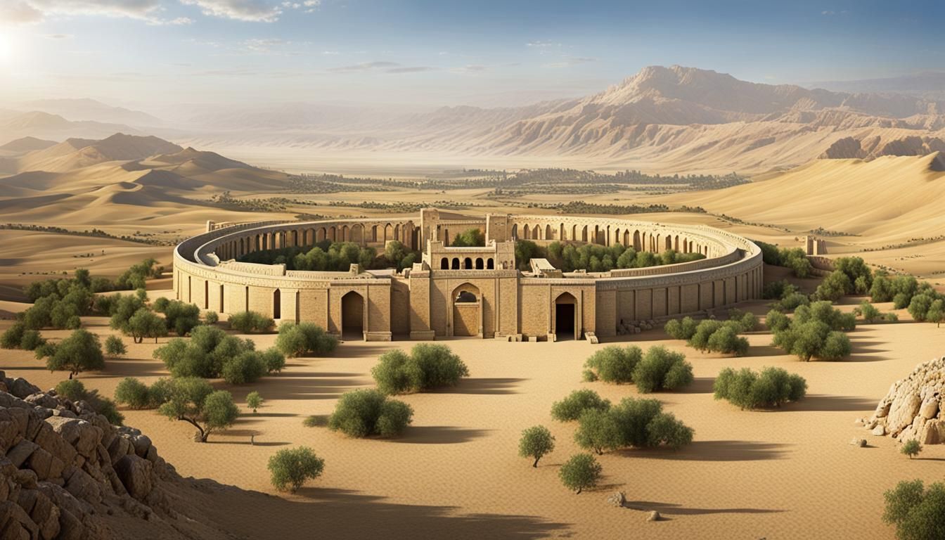 The front is a desert and arid landscape. On the very distan...