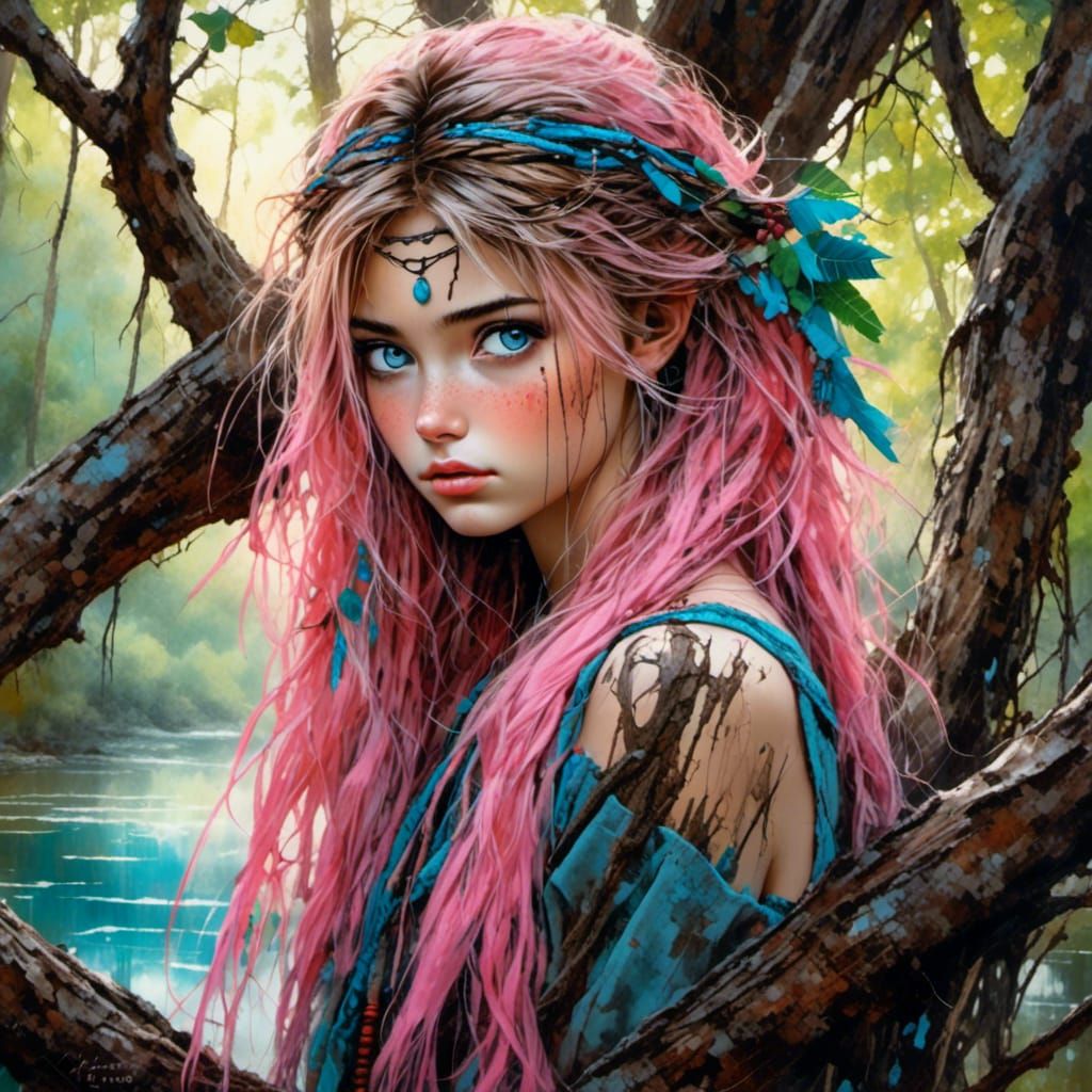 Beautiful Woman on Branch in Cinematic Painting
