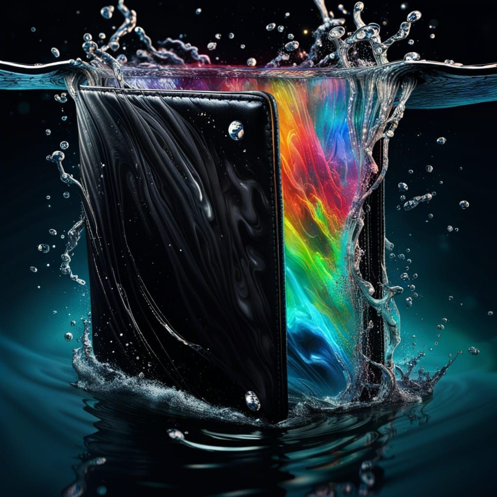 Energy Wallet Floating on Water in Hyperrealistic Style
