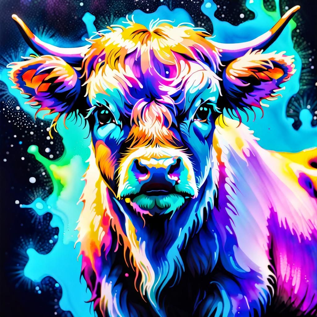 Bioluminescent Highland Calf in Alcohol Ink Style