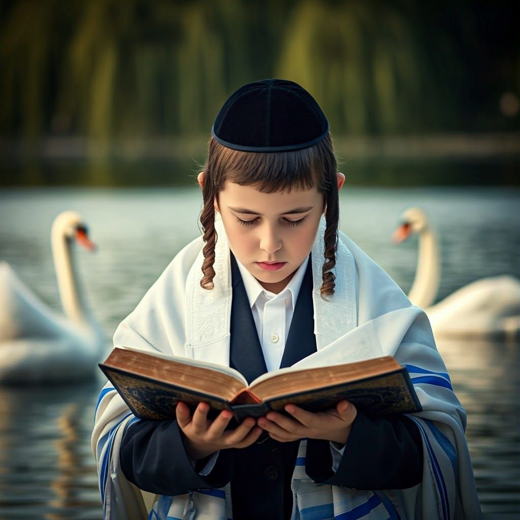 Boy Praying by Lake with Swans in Dreamy Style