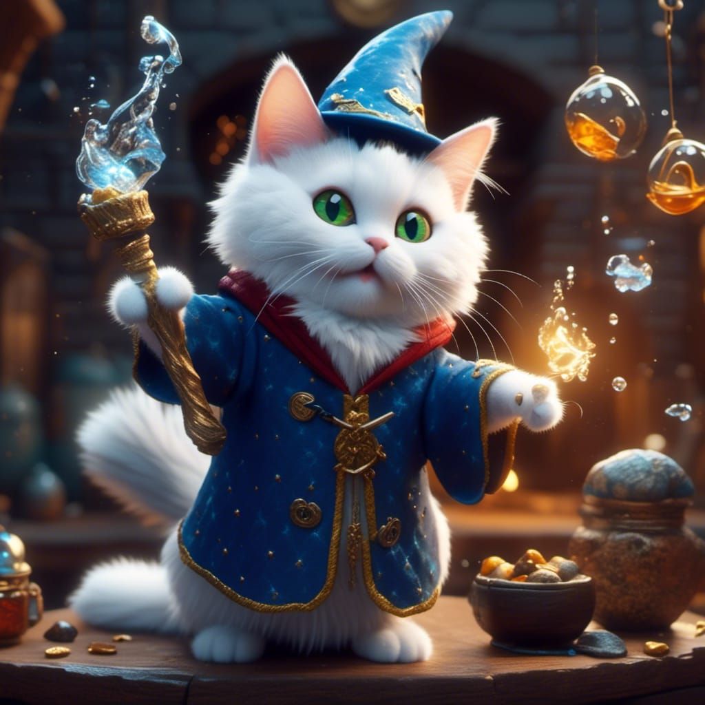 <lora:Wizard Cats:1.0> An adorable white male  cat that is d...