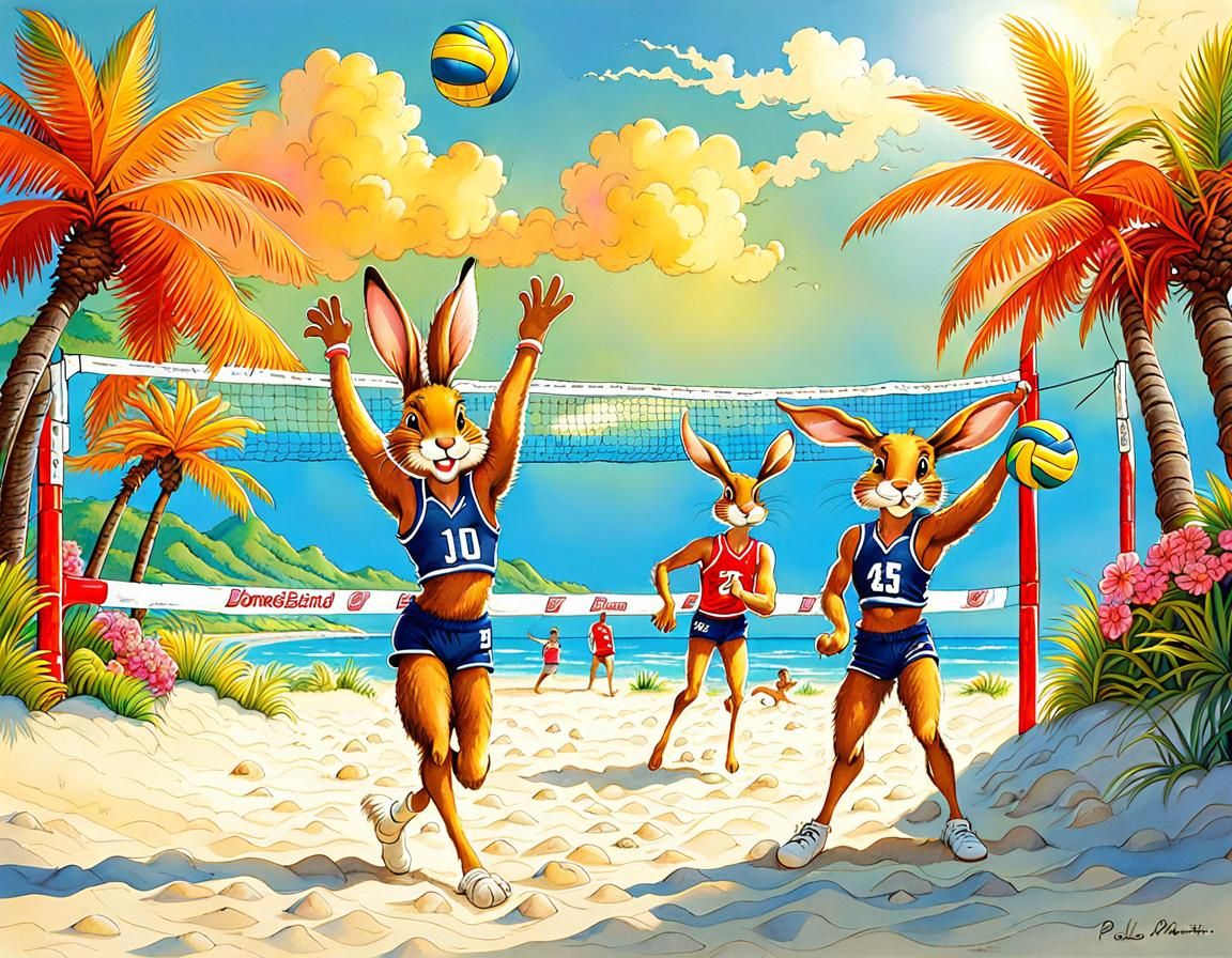 Jackrabbits Play Beach Volleyball in Cartoon Style