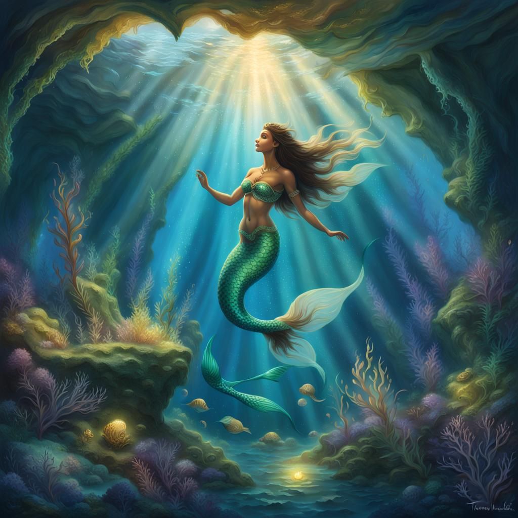Ethereal Native American Mermaid in a Dreamy Underwater Cave