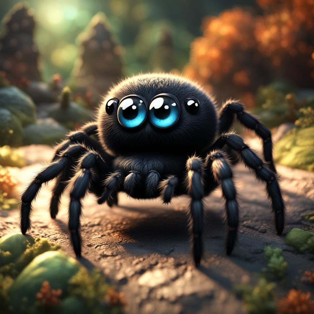 Cute Fluffy Black Spider with Shiny Eyes