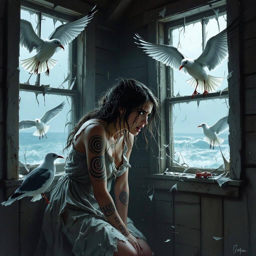 Haunting Cabin Scene with Woman and Seagulls