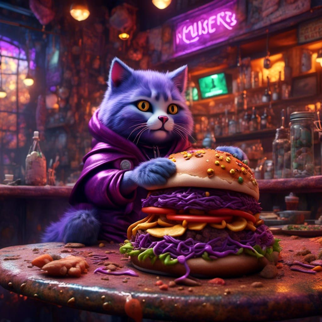Purple Riding Hood's Burger Stop: Detailed Fantasy Art