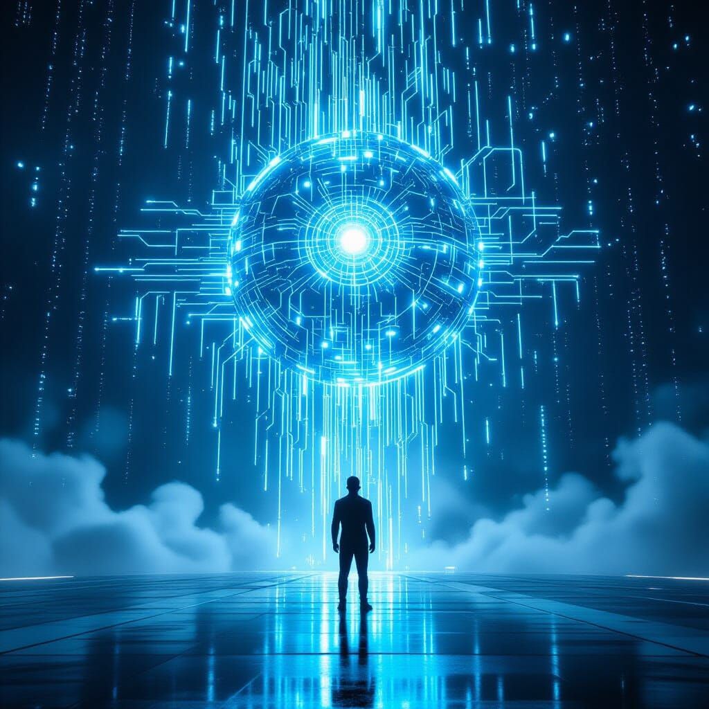 Futuristic Man Faces Colossal AI God in Sci-Fi Landscape