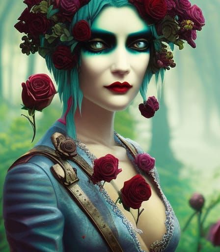 Gothic Biopunk Portrait with Roses and Carvings