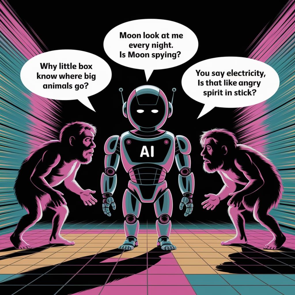 Ancient Humans Meet Futuristic AI in a Vibrant Comic Art Sty...