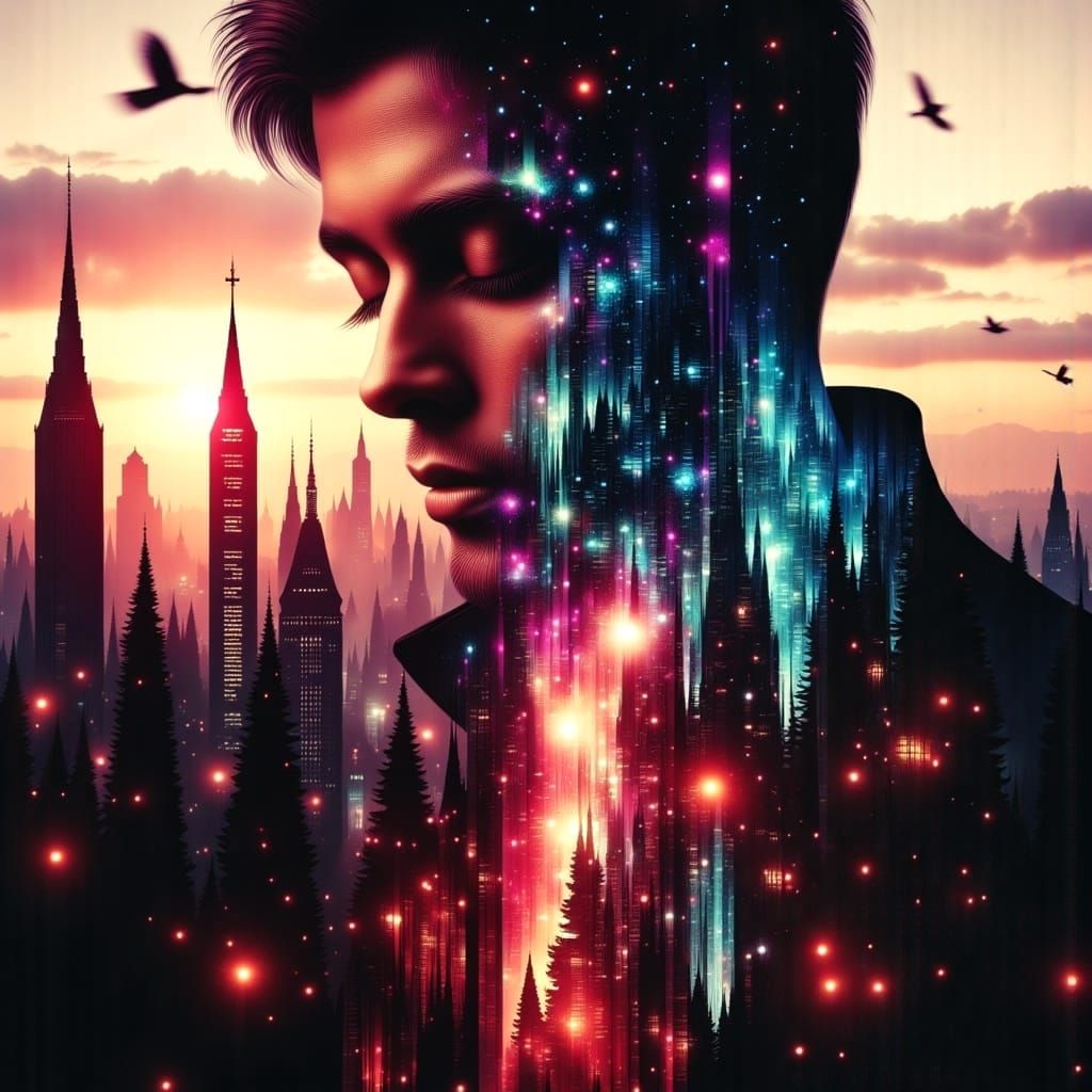 Double Exposure Cityscape with Masculine Figure