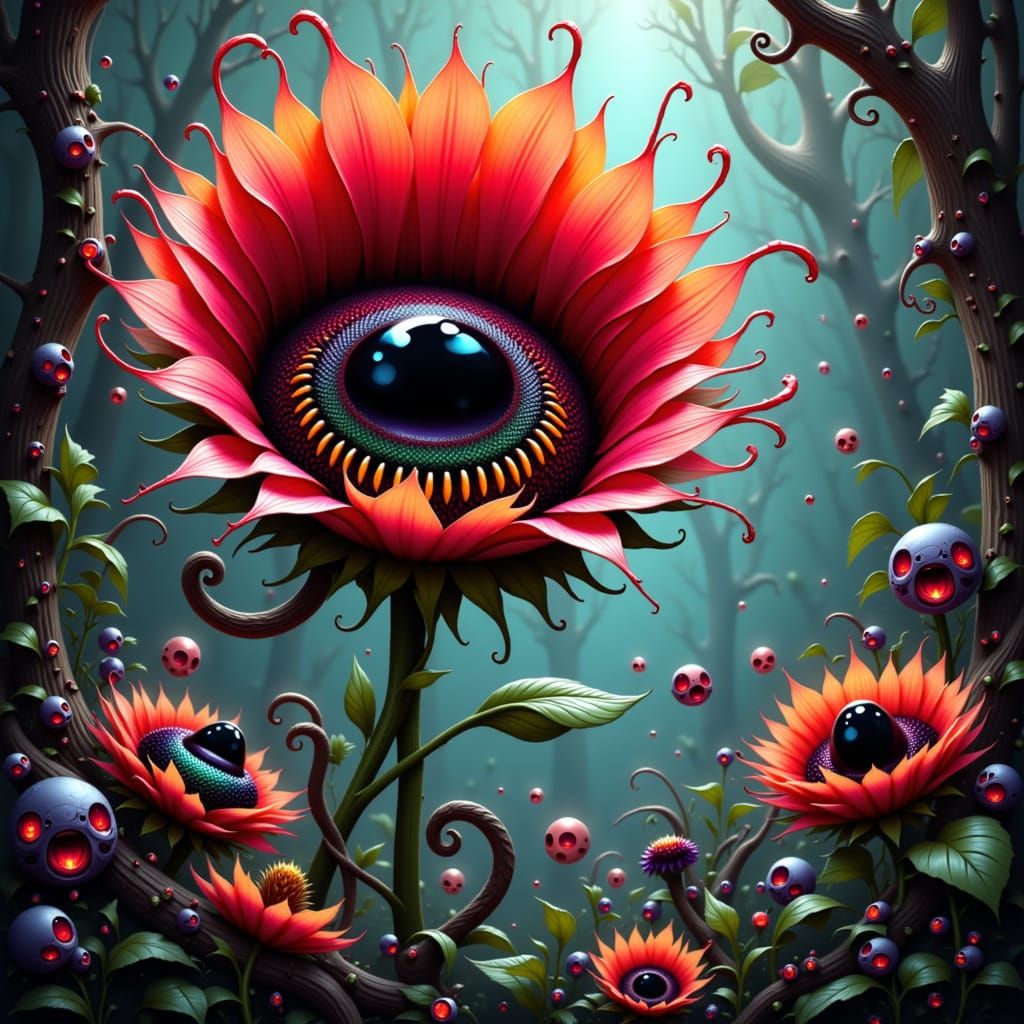 Menacing Cartoon Flower in Mystical Twilight Garden