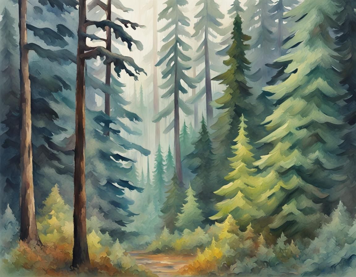 Misty Pacific Northwest Epic in Gouache Style