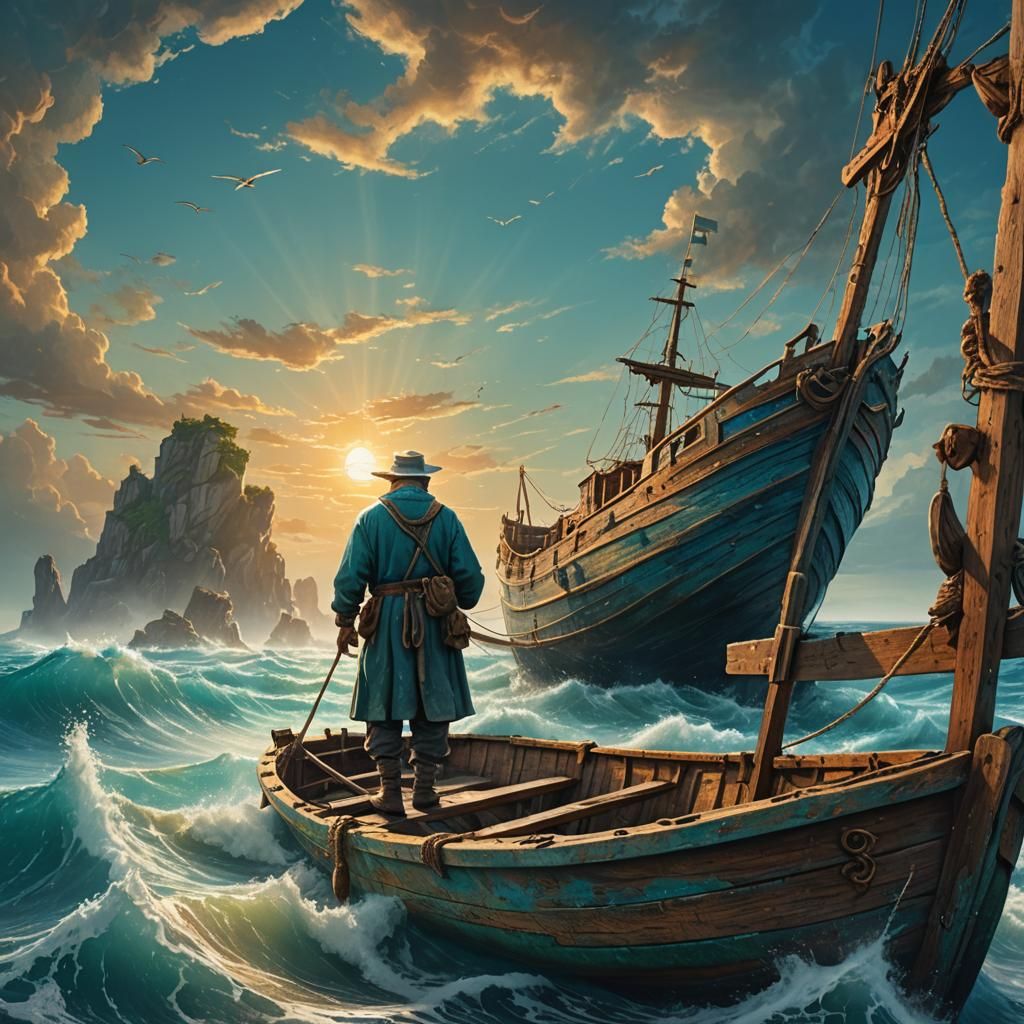 Majestic Fisherman in Open Ocean Fantasy Art