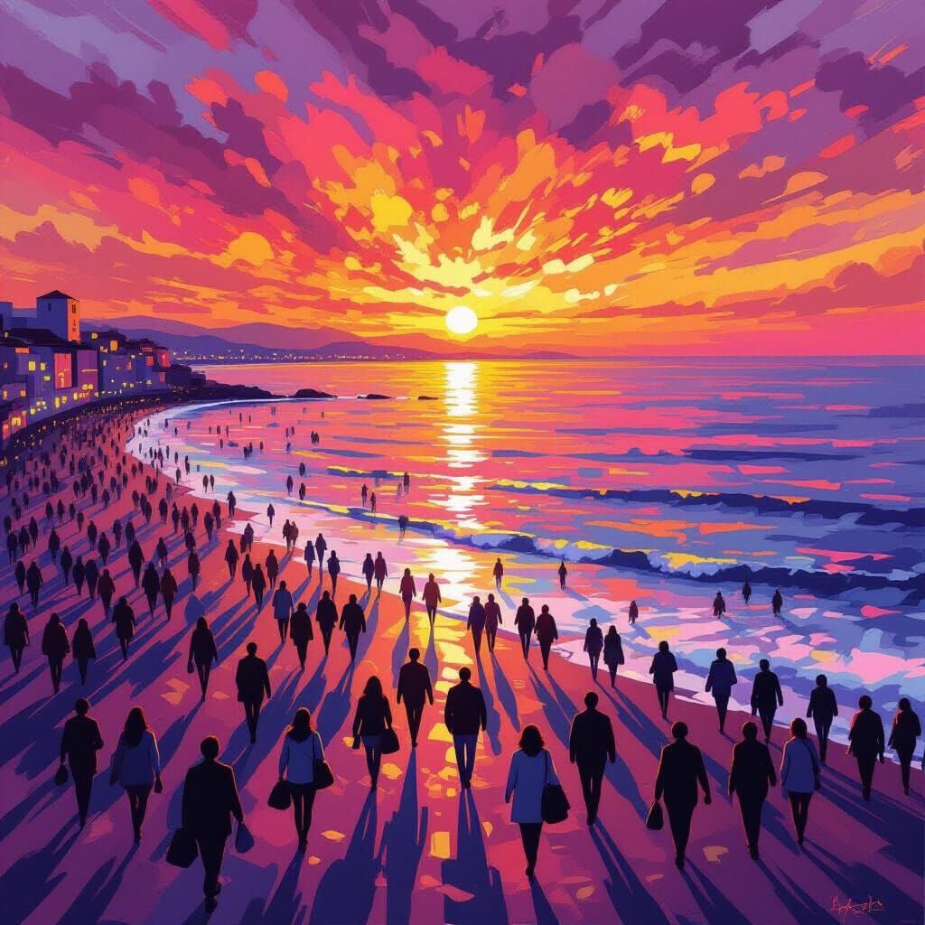 Crowds Walk to Sea Under Vivid Impressionist Sunset