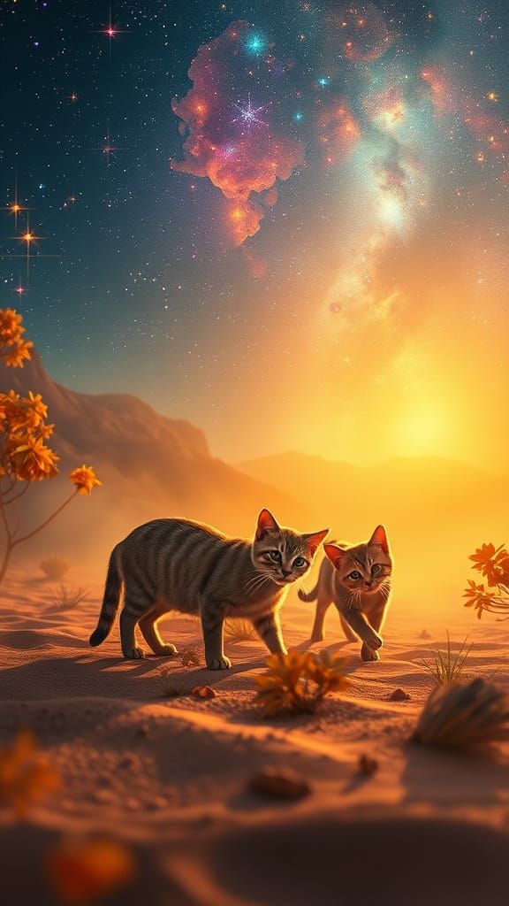 Whimsical Desert Cats in Celestial Glow