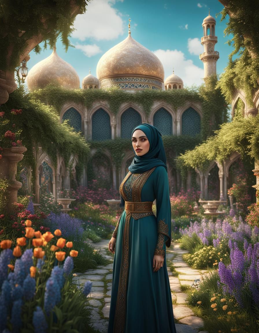 Hijabi in Beautiful Garden: Detailed Fantasy Art