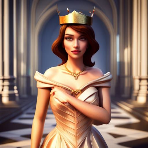 Curvy Woman in Gold Gown: Pixar-Style 3D Art