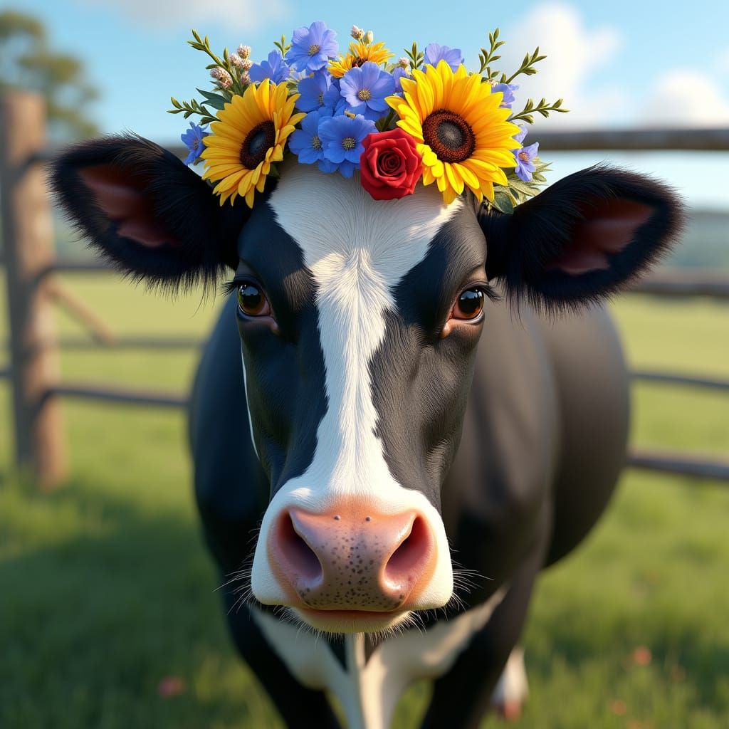 Gentle Friesian Cow Portrait in Vibrant Floral Headdress