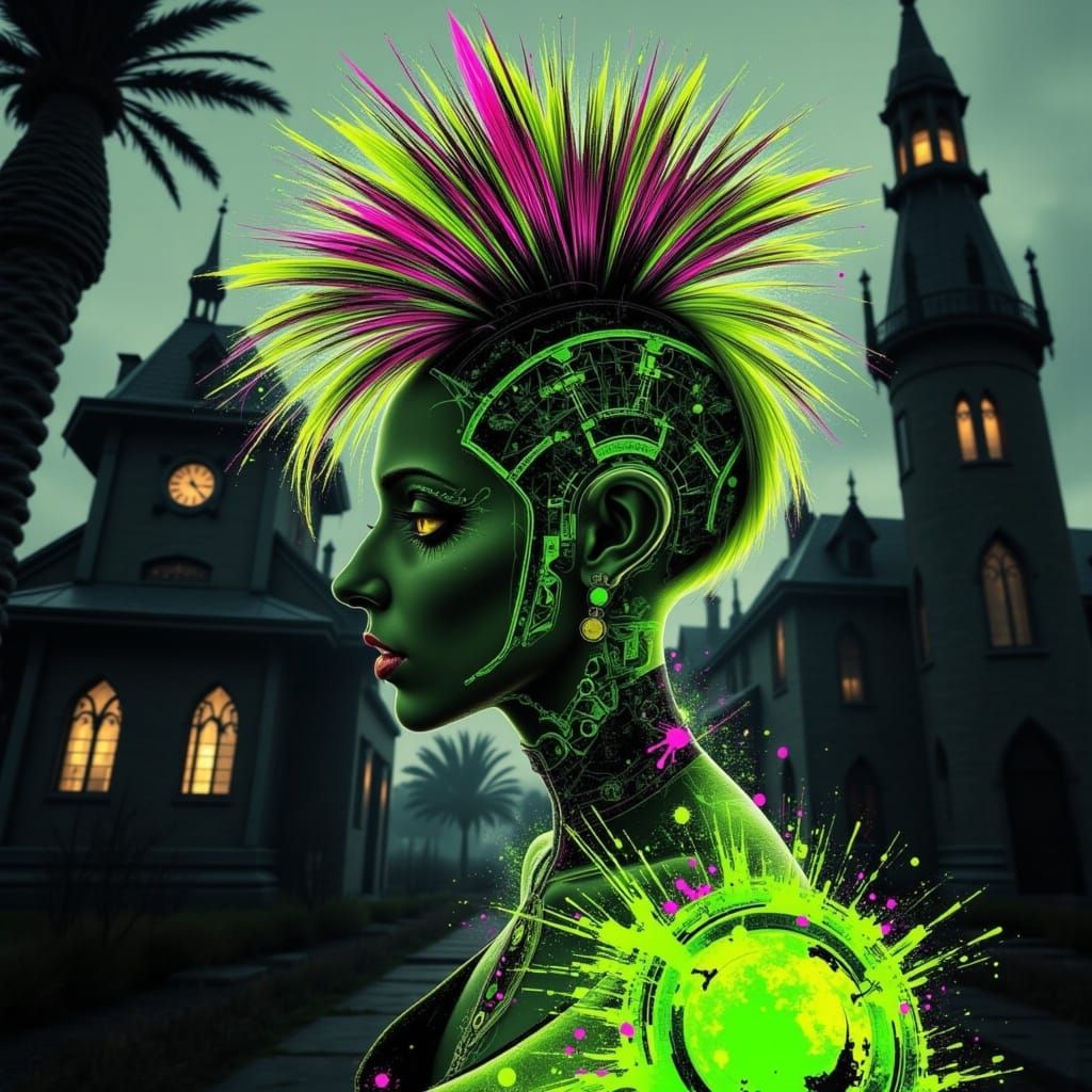 striking victorian-solarpunk fusion artwork featuring a <lora:KookyGlitchError:1.0> person with a mohawk hairstyle in ne...