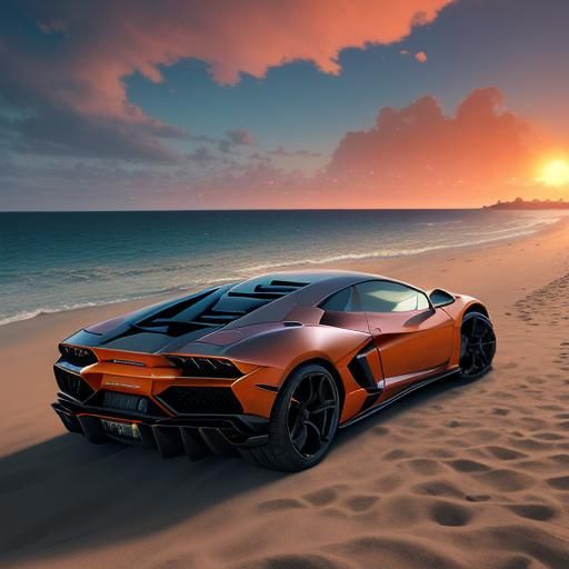 Lamborghini on Beach at Dawn: Fantastical Concept Art