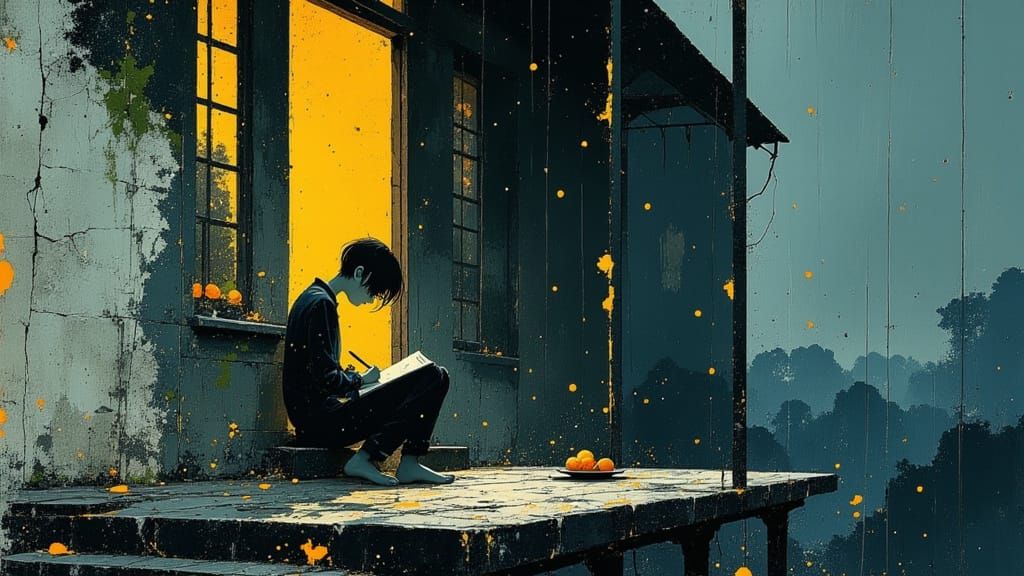 Melancholic Rainy Day Writing Scene in Watercolor Style