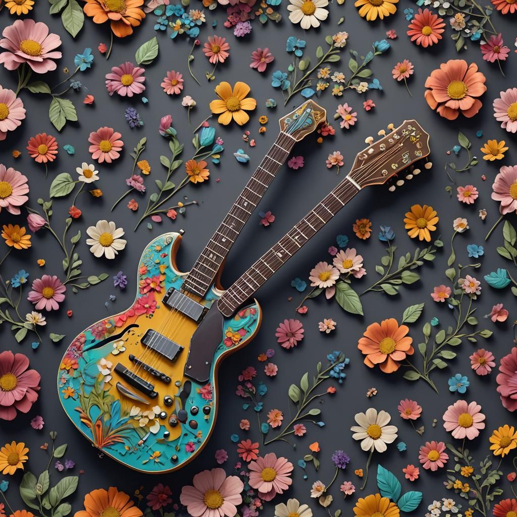 Flower-Adorned 60s Guitar in Detailed Matte Painting