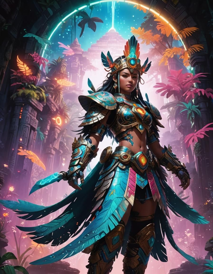 Aztec Cyborg Warrior in Bioluminescent Jungle