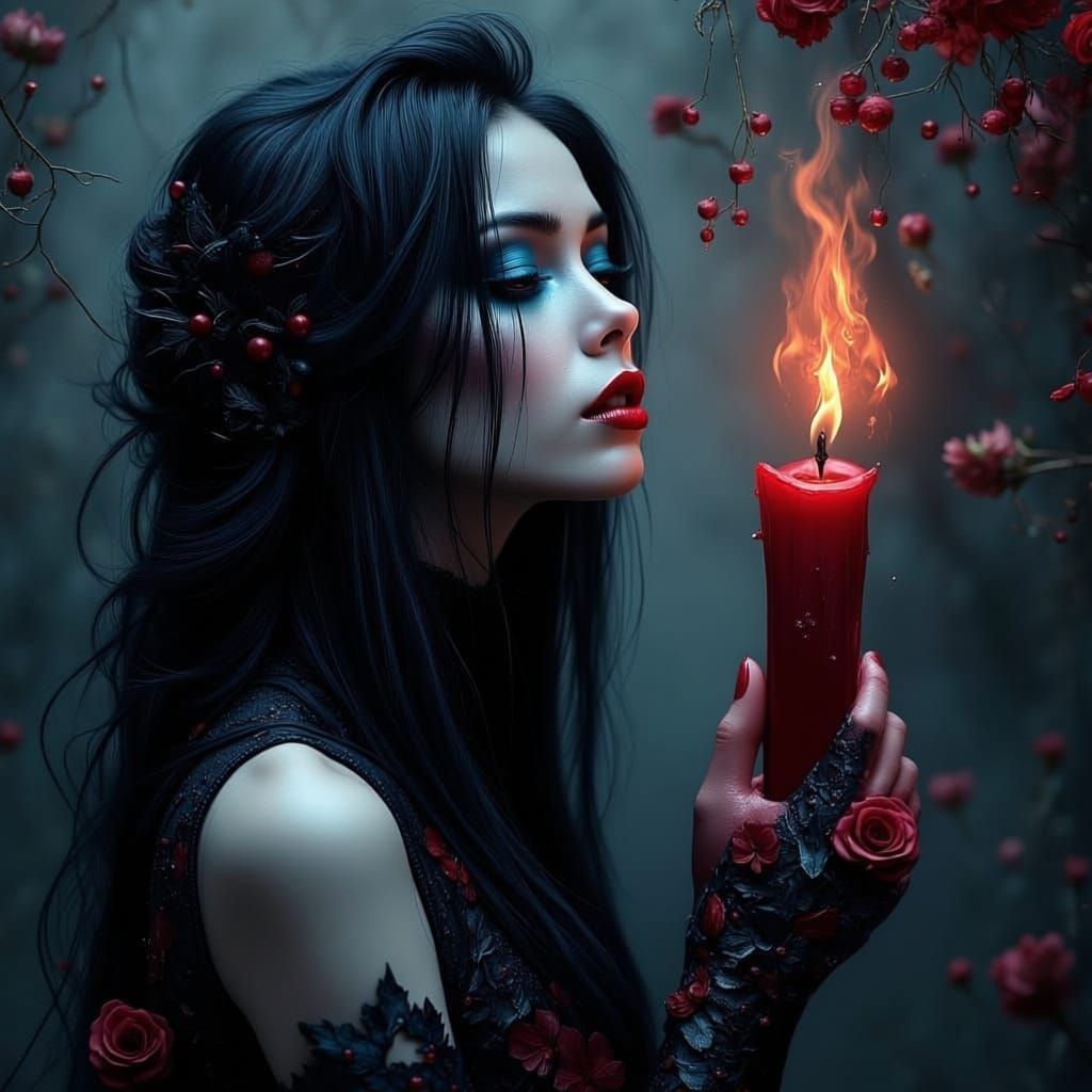 Gothic Girl Mourning by Candlelight in Grunge Oil Style