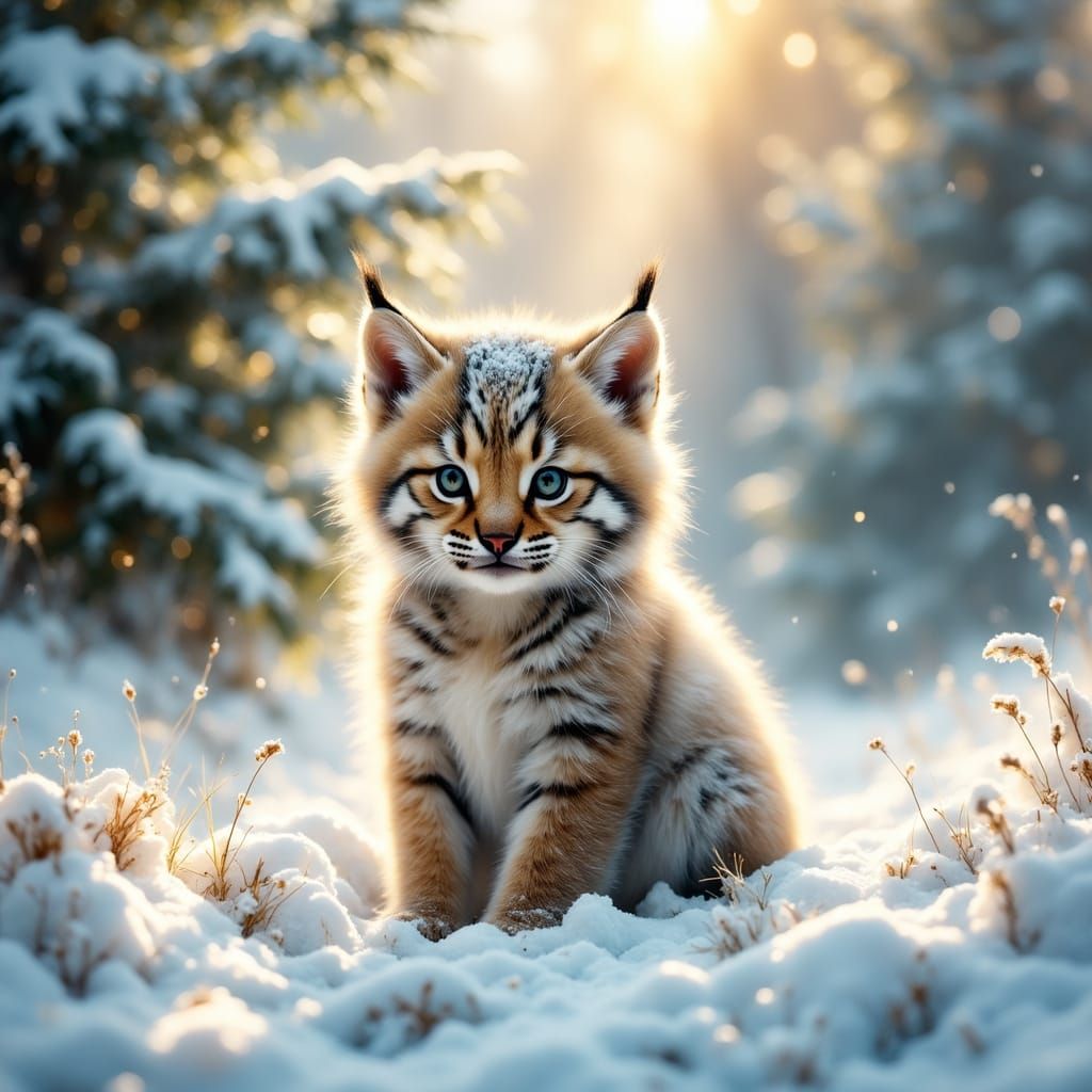 Ethereal Grey Lynx Cub in Snowy Bliss