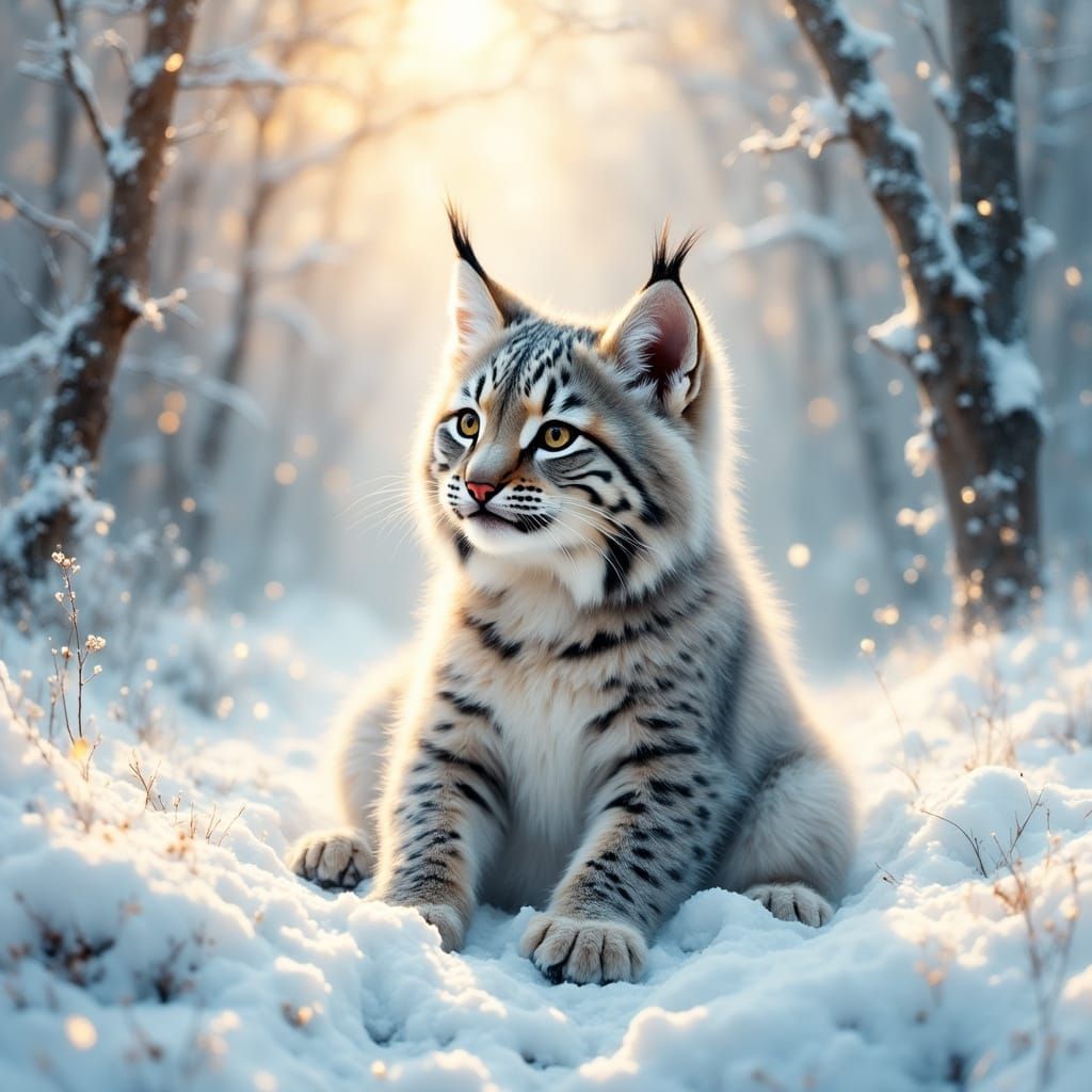 Ethereal Grey Lynx Cub in Pristine Snowy Wonderland