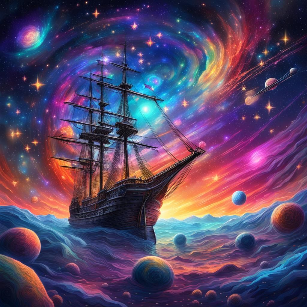 Galleon Sails Through Cosmic Starry Sky