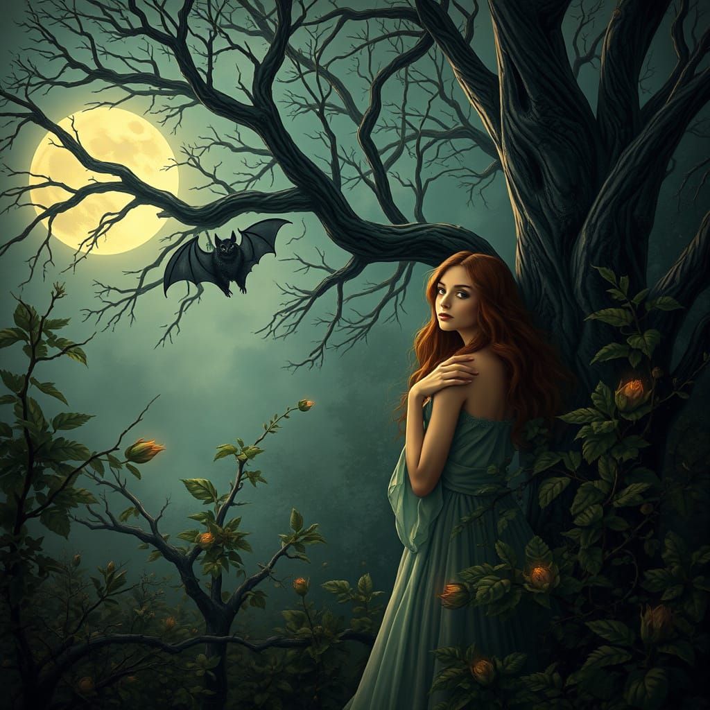 Mystical Woman in Forest Under Moonlight