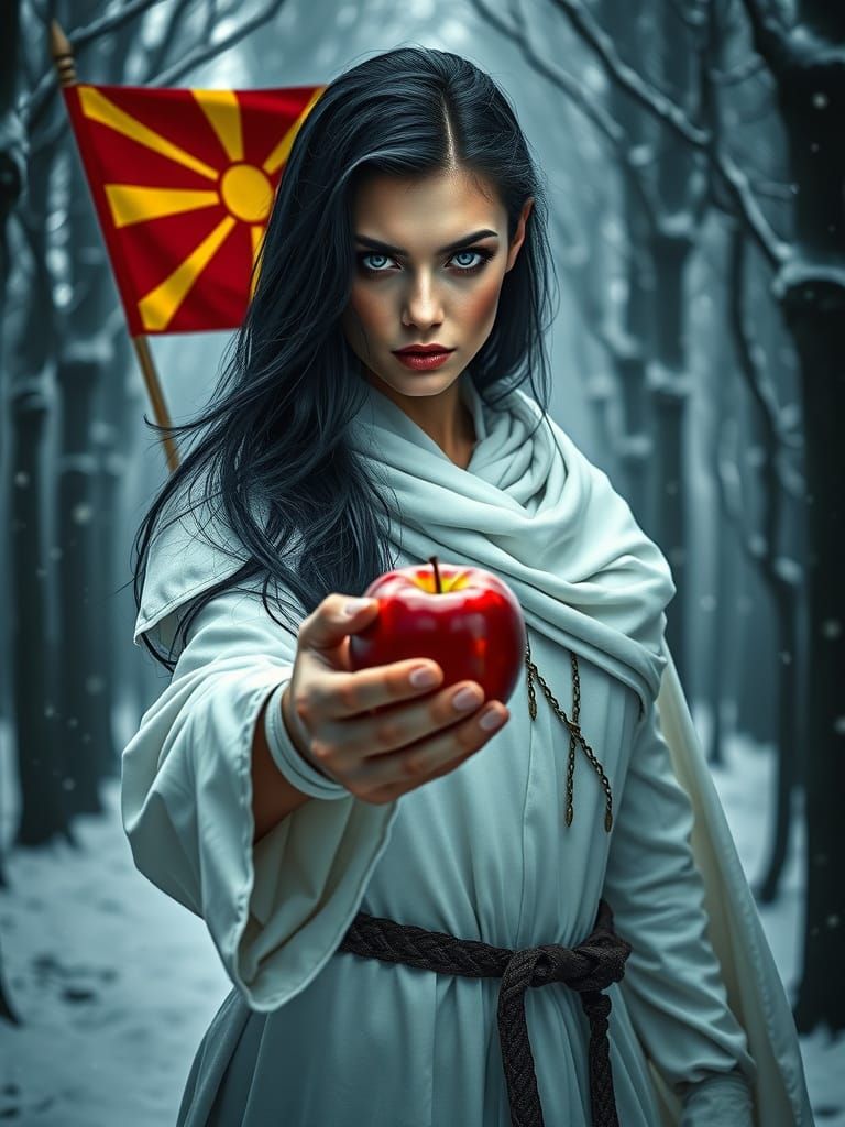 Scary Warrior Woman with Macedonian Flag and Apple