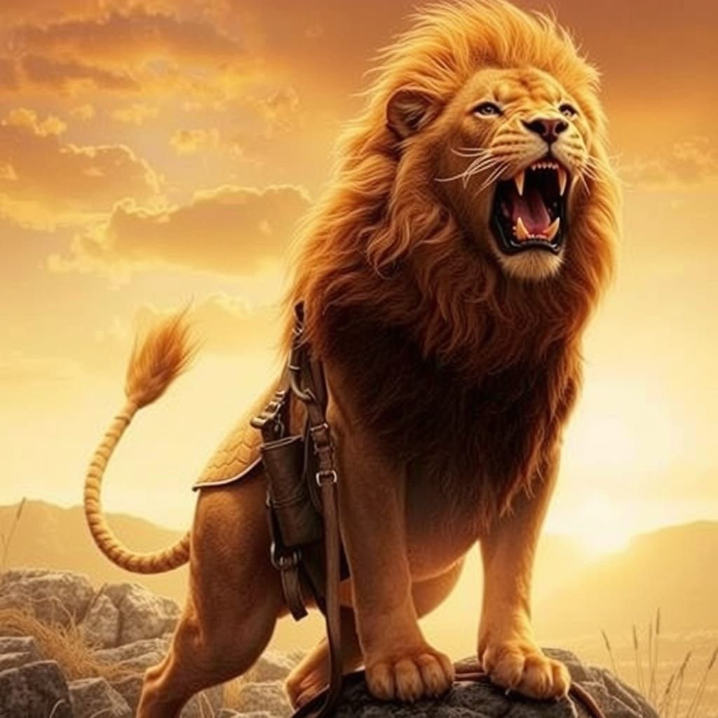 Regal Lion Portrait in Golden Hour Cinematic Style