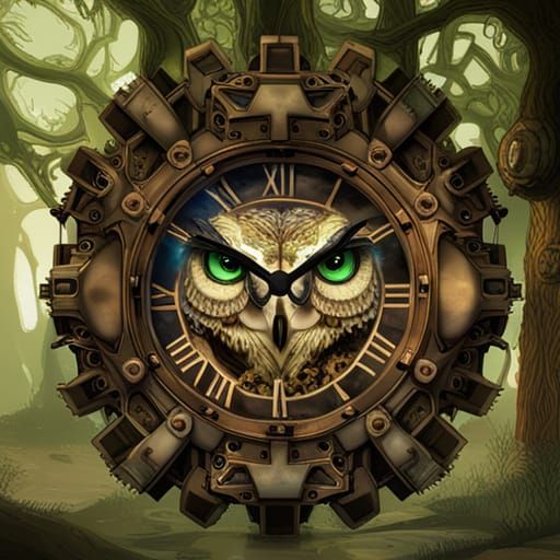 Steampunk Owl Clock with Gears in Forest