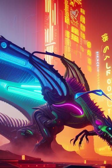 Neon Cyberpunk Dragons in Detailed Matte Painting