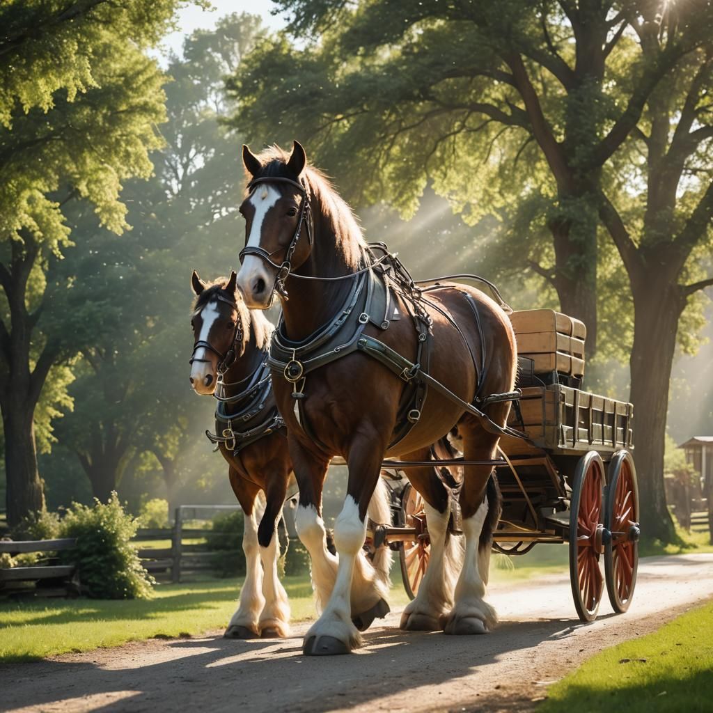 Clydesdale Horse Pulling Wagon in Divine Light