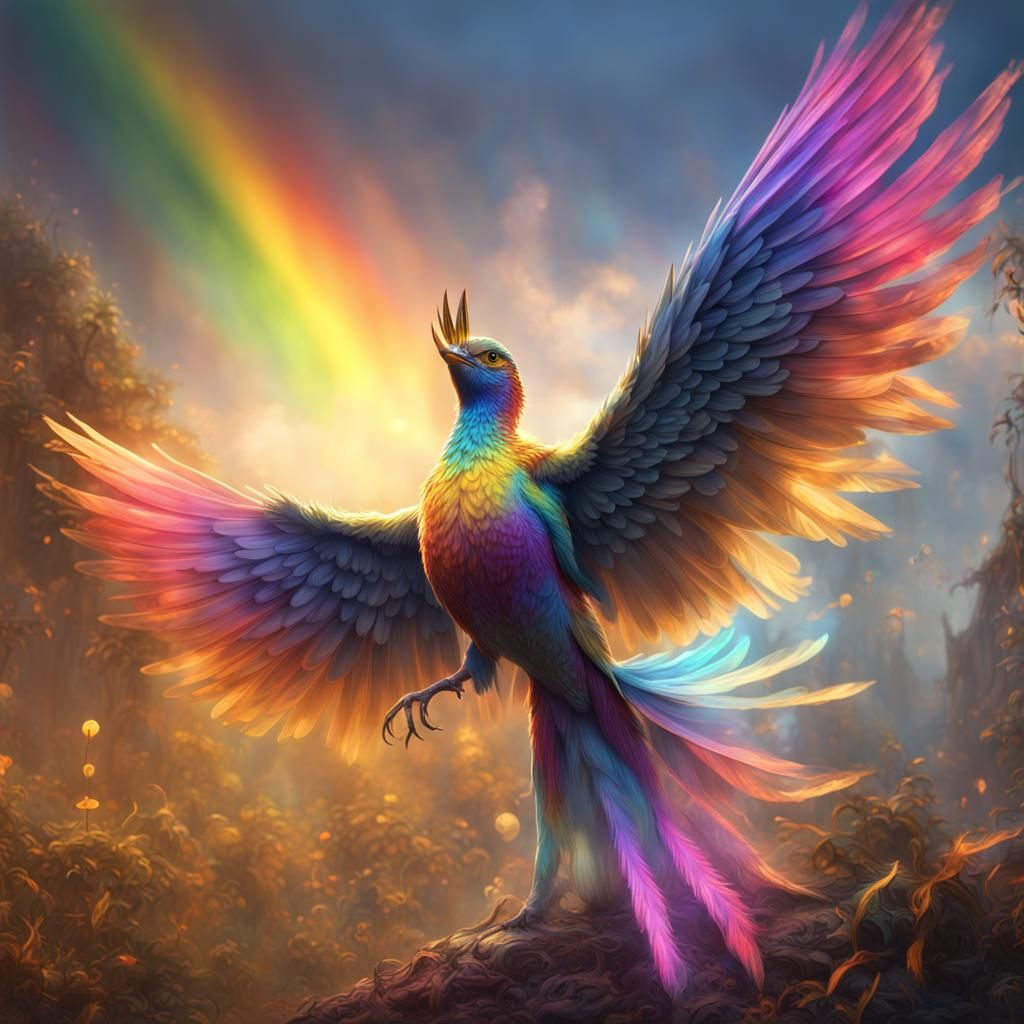 Rainbow Bird in Flight with Golden Glow