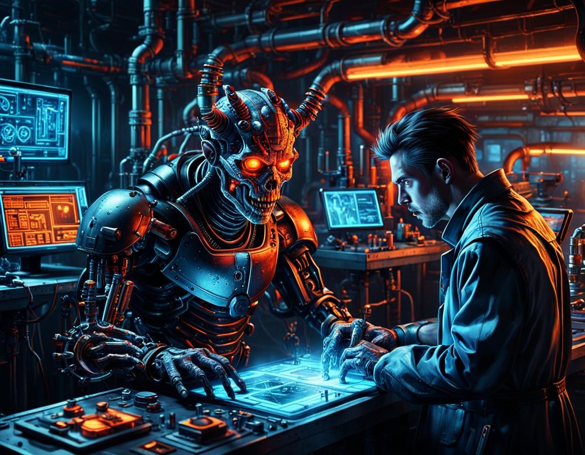 Demonic Cyberpunk Scientist in Industrial Sci-Fi Lab